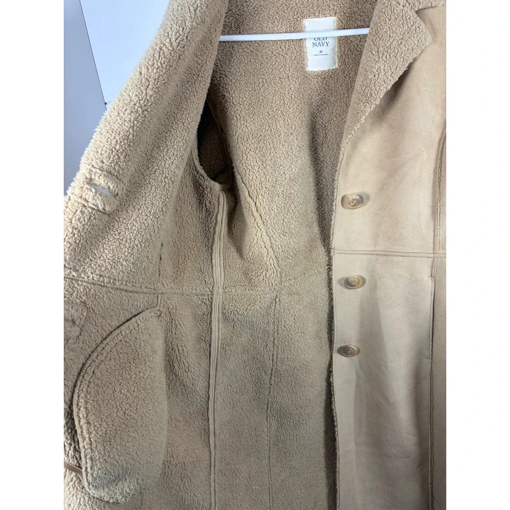 Vintage Y2K Old Navy Trench Coat Jacket Faux Suede Sherpa Lined Sz M Penny Lane - Picture 10 of 13